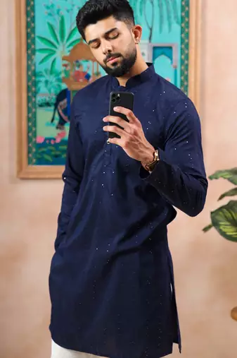 Blue color stylish cotton fabric woven dobby designer kurta payjama for men's