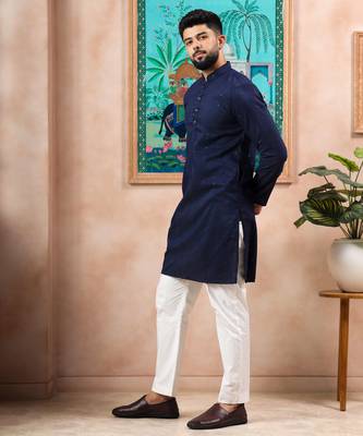 Blue color stylish cotton fabric woven dobby designer kurta payjama for men's 4