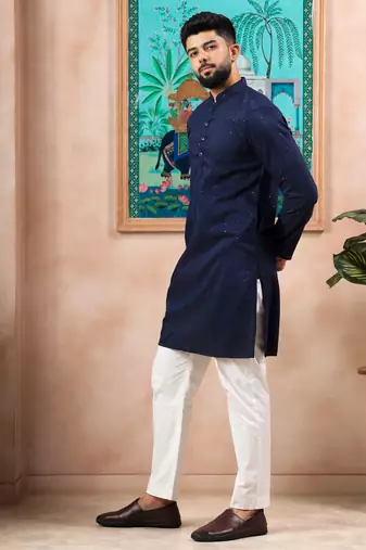 Blue color stylish cotton fabric woven dobby designer kurta payjama for men's