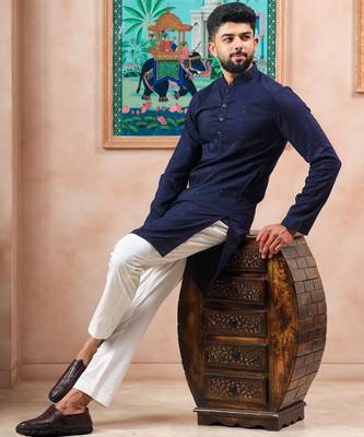 Blue color stylish cotton fabric woven dobby designer kurta payjama for men's 5