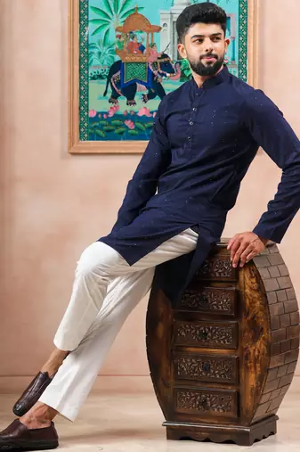 Blue color stylish cotton fabric woven dobby designer kurta payjama for men's