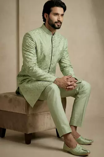 green donier jacquard premium designer festive wear indo western set