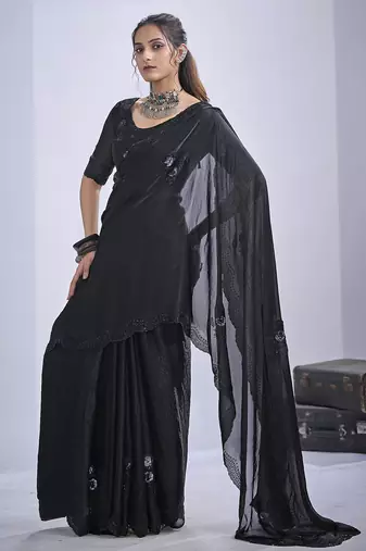 Black sequin embroidery work satin silk saree for women