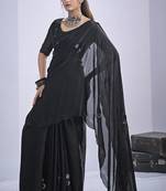 Black sequin embroidery work satin silk saree for women