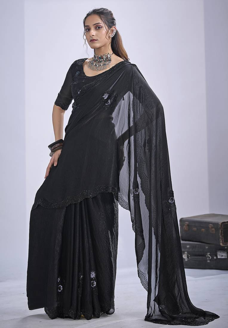Black sequin embroidery work satin silk saree for women