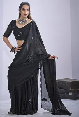 Black sequin embroidery work satin silk saree for women 2