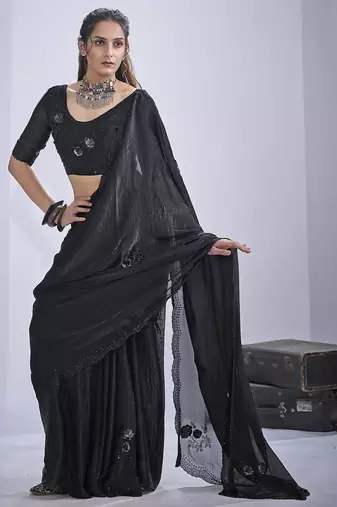 Black sequin embroidery work satin silk saree for women