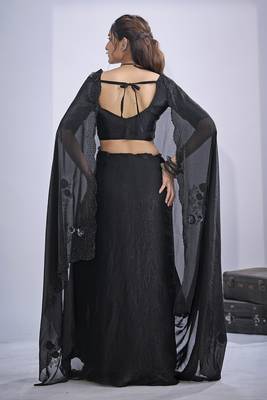 Black sequin embroidery work satin silk saree for women 3