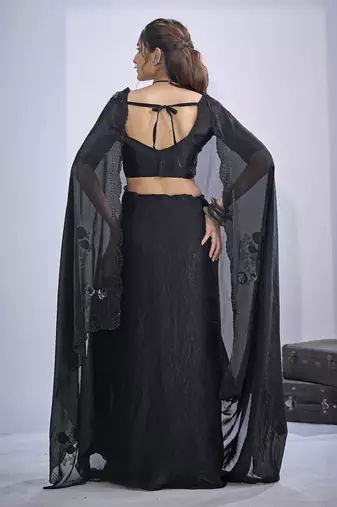 Black sequin embroidery work satin silk saree for women