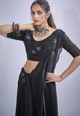 Black sequin embroidery work satin silk saree for women 4