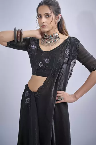 Black sequin embroidery work satin silk saree for women