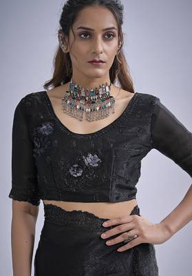 Black sequin embroidery work satin silk saree for women 5