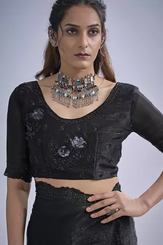 Black sequin embroidery work satin silk saree for women