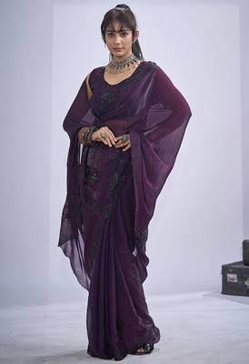Purple sequin embroidery work satin silk blend saree for women 1