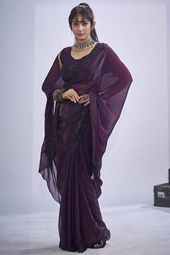 Purple sequin embroidery work satin silk blend saree for women