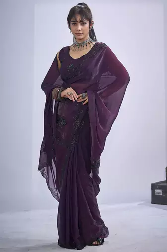 Purple sequin embroidery work satin silk blend saree for women