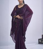 Purple sequin embroidery work satin silk blend saree for women