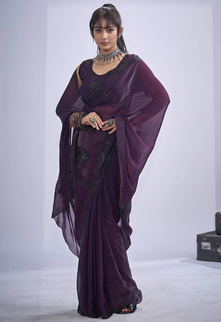 Purple sequin embroidery work satin silk blend saree for women