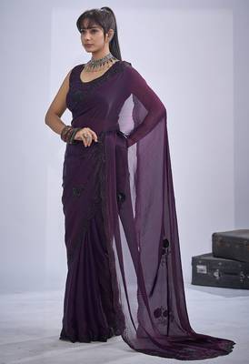 Purple sequin embroidery work satin silk blend saree for women 2