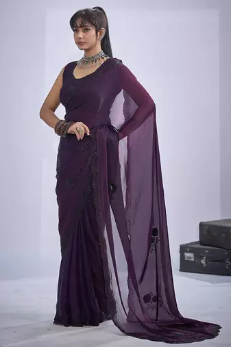 Purple sequin embroidery work satin silk blend saree for women