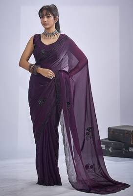 Purple sequin embroidery work satin silk blend saree for women 3