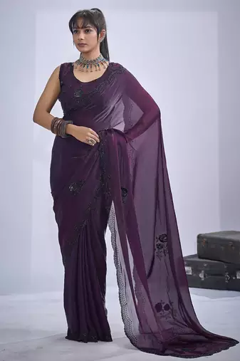 Purple sequin embroidery work satin silk blend saree for women