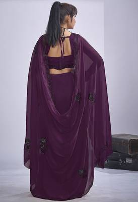 Purple sequin embroidery work satin silk blend saree for women 4