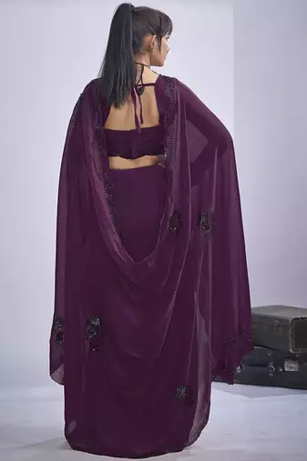 Purple sequin embroidery work satin silk blend saree for women