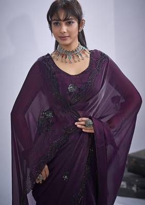 Purple sequin embroidery work satin silk blend saree for women 5