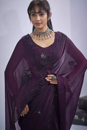 Purple sequin embroidery work satin silk blend saree for women