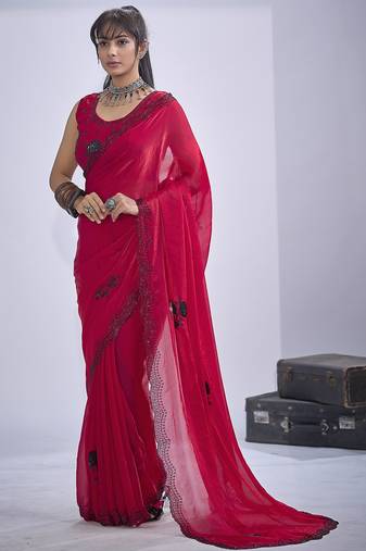 Magenta sequin embroidery work satin silk blend saree for women