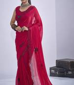 Magenta sequin embroidery work satin silk blend saree for women