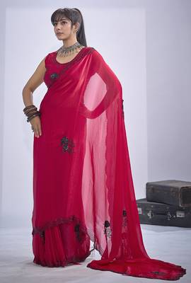 Magenta sequin embroidery work satin silk blend saree for women 2