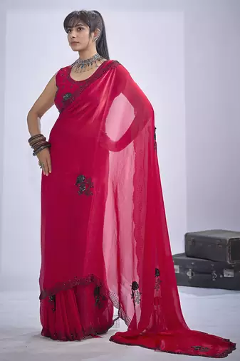 Magenta sequin embroidery work satin silk blend saree for women
