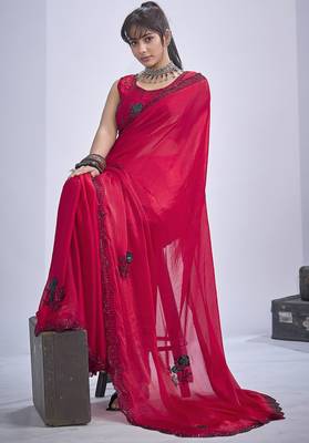 Magenta sequin embroidery work satin silk blend saree for women 3