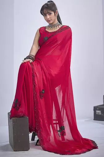 Magenta sequin embroidery work satin silk blend saree for women