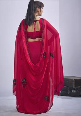 Magenta sequin embroidery work satin silk blend saree for women 4