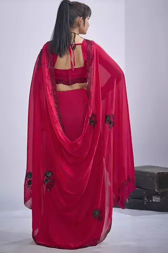 Magenta sequin embroidery work satin silk blend saree for women