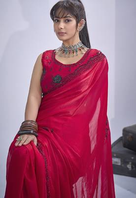 Magenta sequin embroidery work satin silk blend saree for women 5