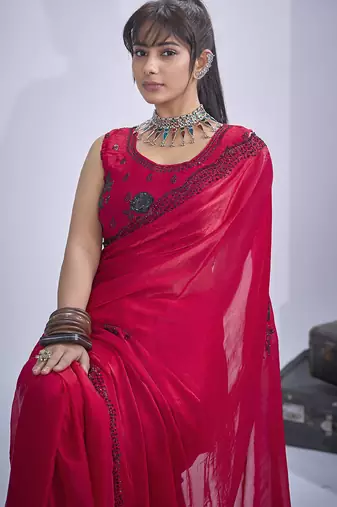 Magenta sequin embroidery work satin silk blend saree for women
