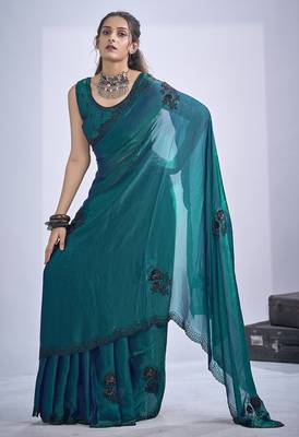 Teal blue sequin embroidery work satin silk blend saree for women 1