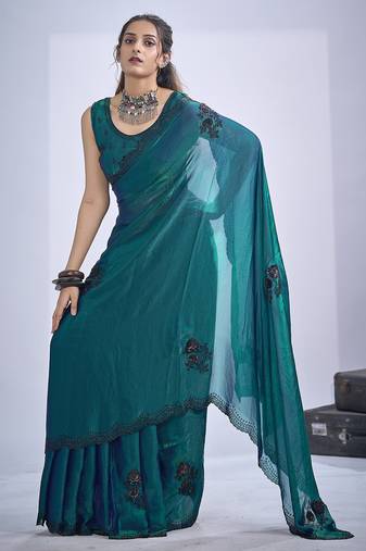 Teal blue sequin embroidery work satin silk blend saree for women