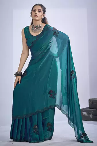 Teal blue sequin embroidery work satin silk blend saree for women