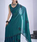 Teal blue sequin embroidery work satin silk blend saree for women