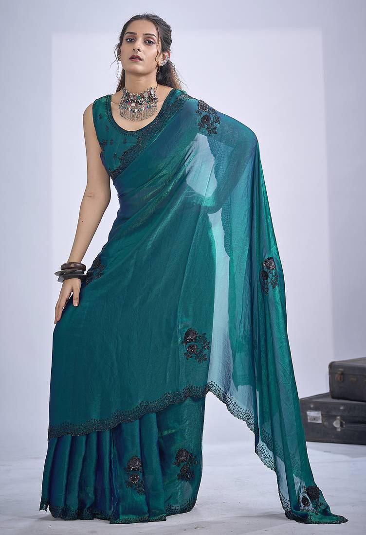 Teal blue sequin embroidery work satin silk blend saree for women