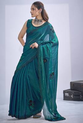 Teal blue sequin embroidery work satin silk blend saree for women 2