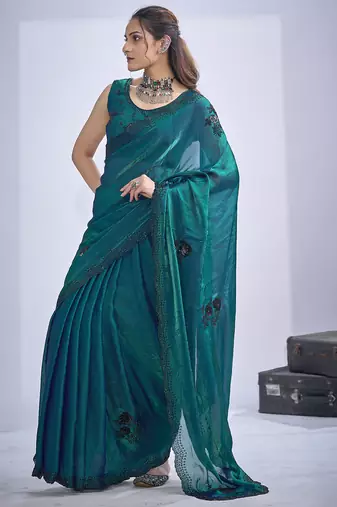Teal blue sequin embroidery work satin silk blend saree for women