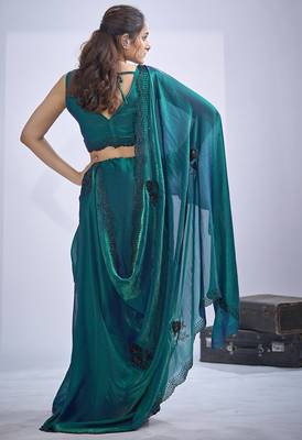 Teal blue sequin embroidery work satin silk blend saree for women 3