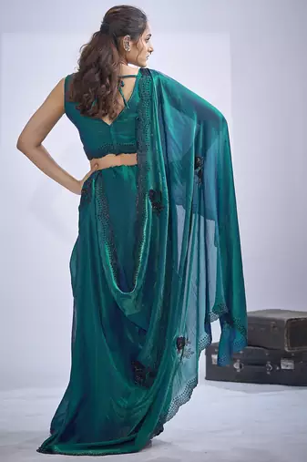 Teal blue sequin embroidery work satin silk blend saree for women