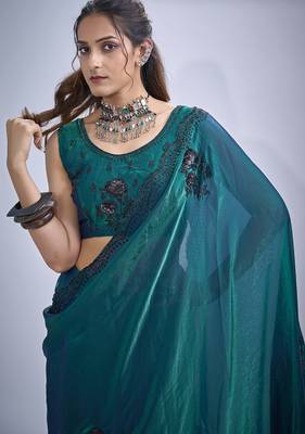 Teal blue sequin embroidery work satin silk blend saree for women 4